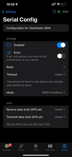 Meshtastic iOS App Serial Settings Screenshot