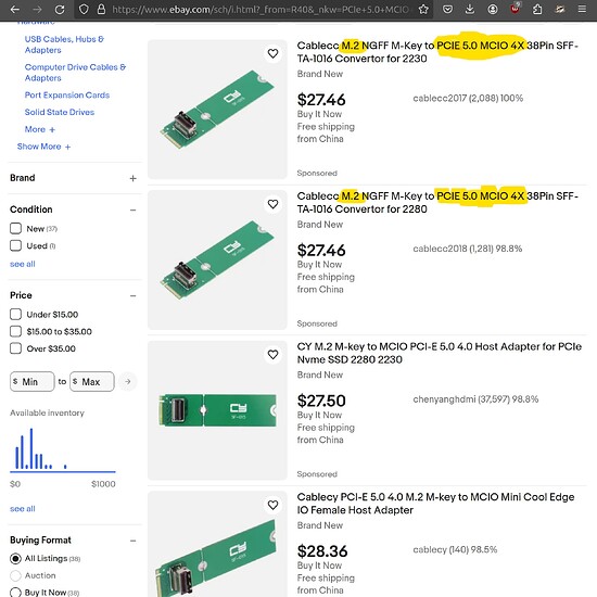 M.2 MCIO PCIe 5.0 adapters on eBay