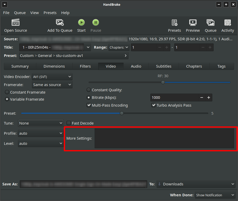 Handbrake AV1 Encoding (SVT) Set Max Keyframe Interval Operating