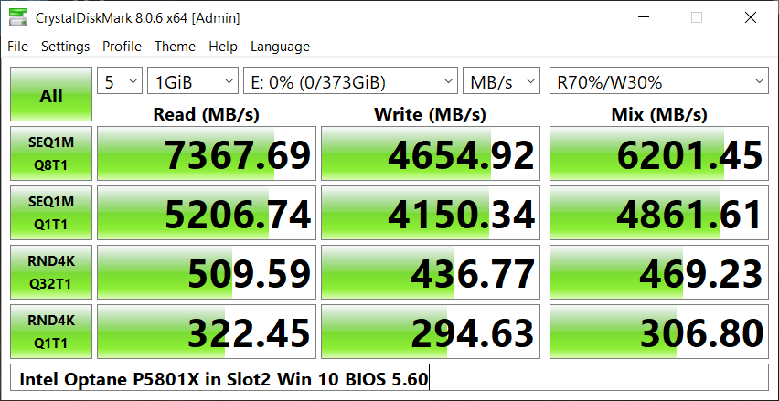 CDM - Intel Optane P5801X in Slot2 Win 10 on Asrock X570 Taichi with AMD Ryzen 9 3950X on BIOS 5.60 - Default + Mix R70 W30